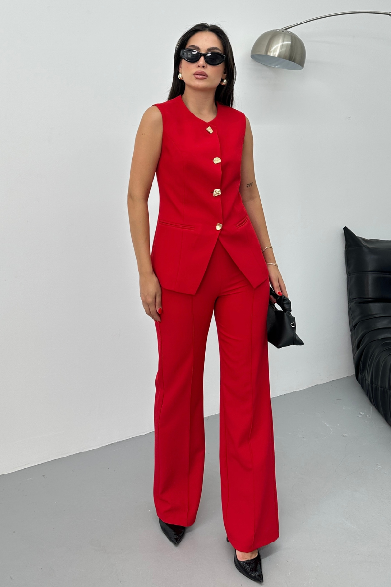 Kadın İkili Alt Üst Takım Şık Düğme Detaylı Bisiklet Yaka Regular Yelek Pantolon Takım