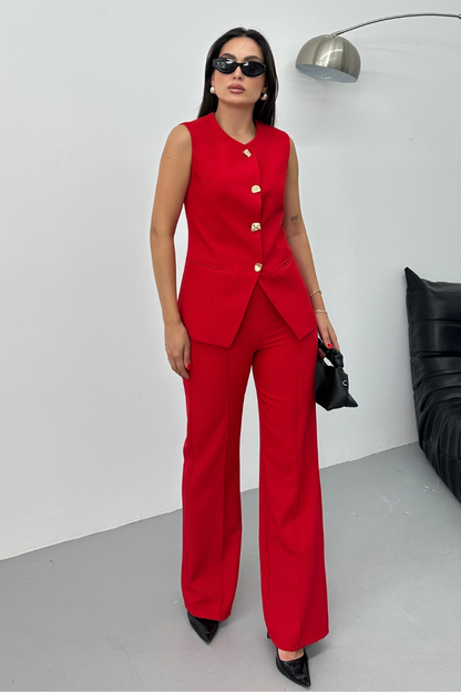 Kadın İkili Alt Üst Takım Şık Düğme Detaylı Bisiklet Yaka Regular Yelek Pantolon Takım