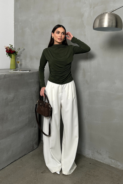 Kadın Bluz Drapeli Uzun Kollu Sandy Kumaş