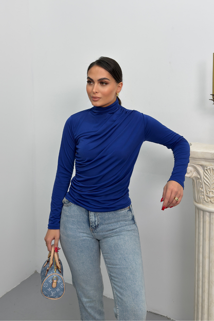 Kadın Bluz Drapeli Uzun Kollu Sandy Kumaş Yüksek Yakalı Likralı Bluz