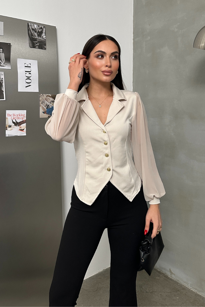 Kadın Gömlek Düğmeli Uzun Tül Kollu Ceket Yaka Bele Oturan Gömlek