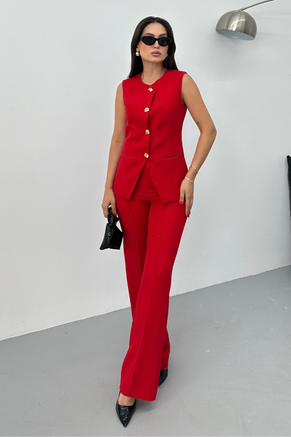 Kadın İkili Alt Üst Takım Şık Düğme Detaylı Bisiklet Yaka Regular Yelek Pantolon Takım