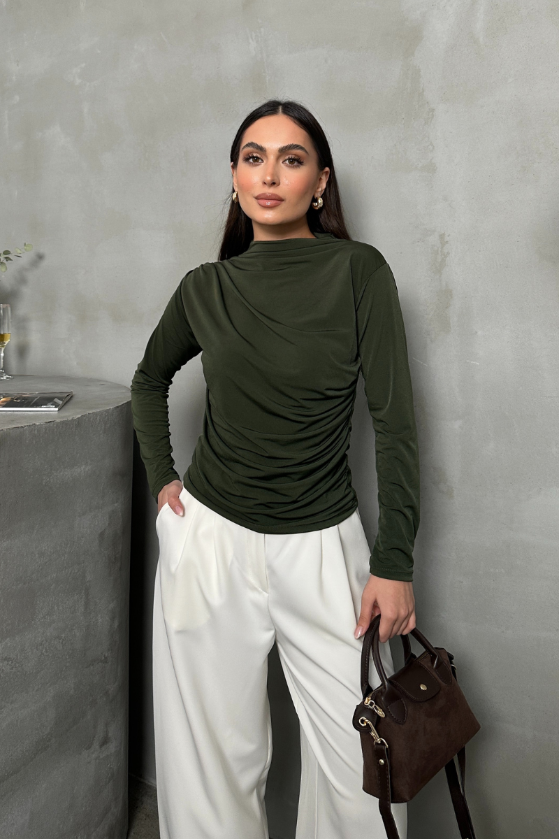 Kadın Bluz Drapeli Uzun Kollu Sandy Kumaş