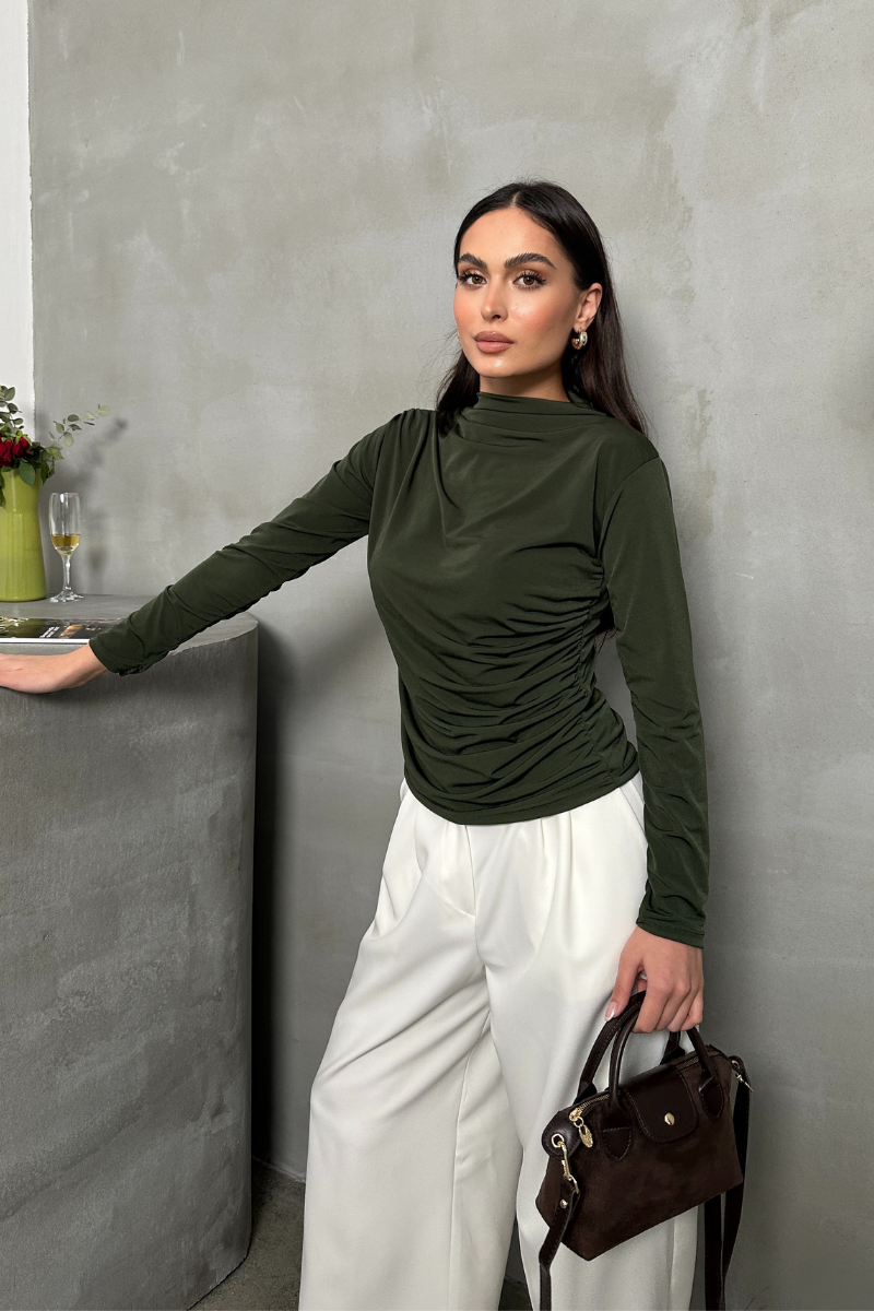 Kadın Bluz Drapeli Uzun Kollu Sandy Kumaş