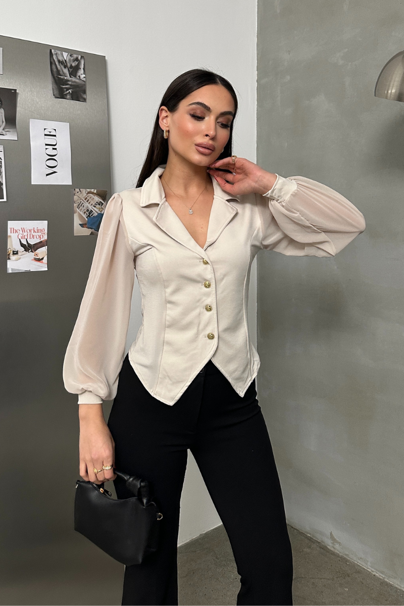 Kadın Gömlek Düğmeli Uzun Tül Kollu Ceket Yaka Bele Oturan Gömlek