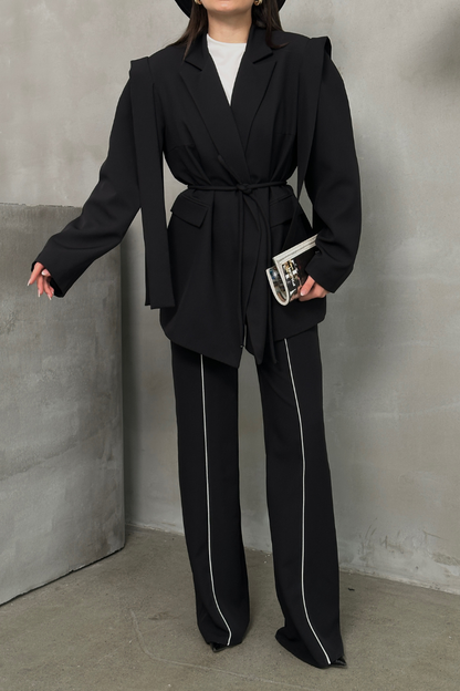 Kadın Oversize Blazer Ceket Kuşaklı Omuz Detaylı