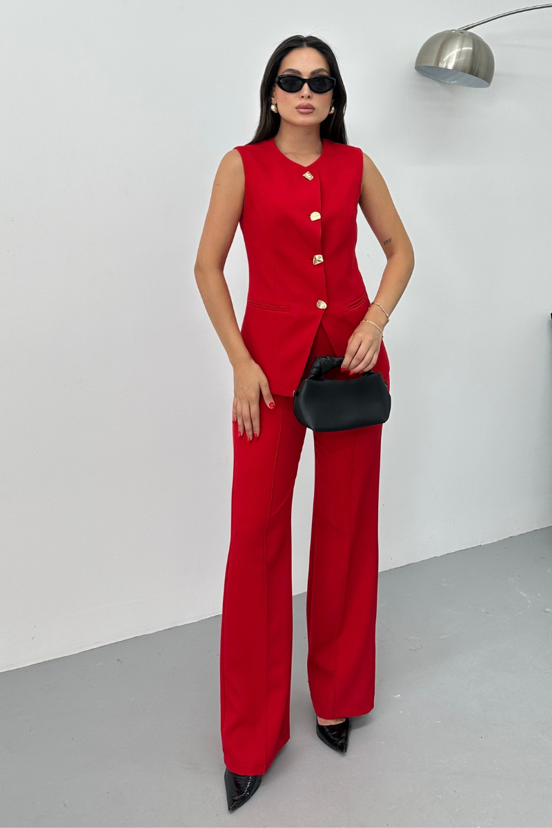 Kadın İkili Alt Üst Takım Şık Düğme Detaylı Bisiklet Yaka Regular Yelek Pantolon Takım