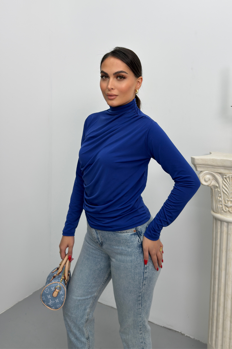 Kadın Bluz Drapeli Uzun Kollu Sandy Kumaş Yüksek Yakalı Likralı Bluz