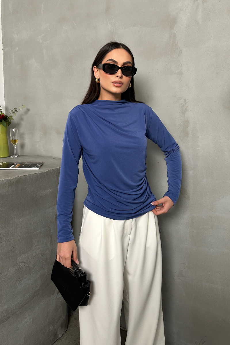 Kadın Bluz Drapeli Uzun Kollu Sandy Kumaş