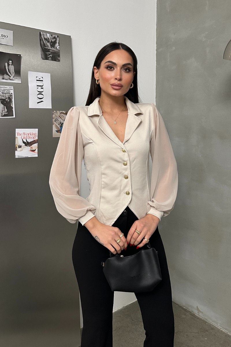 Kadın Gömlek Düğmeli Uzun Tül Kollu Ceket Yaka Bele Oturan Gömlek