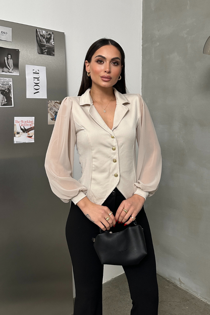 Kadın Gömlek Düğmeli Uzun Tül Kollu Ceket Yaka Bele Oturan Gömlek