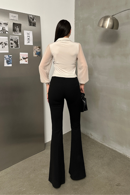 Kadın Gömlek Düğmeli Uzun Tül Kollu Ceket Yaka Bele Oturan Gömlek