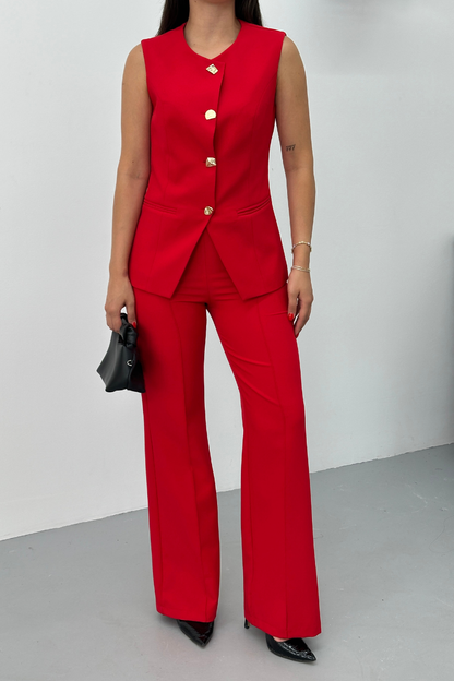 Kadın İkili Alt Üst Takım Şık Düğme Detaylı Bisiklet Yaka Regular Yelek Pantolon Takım