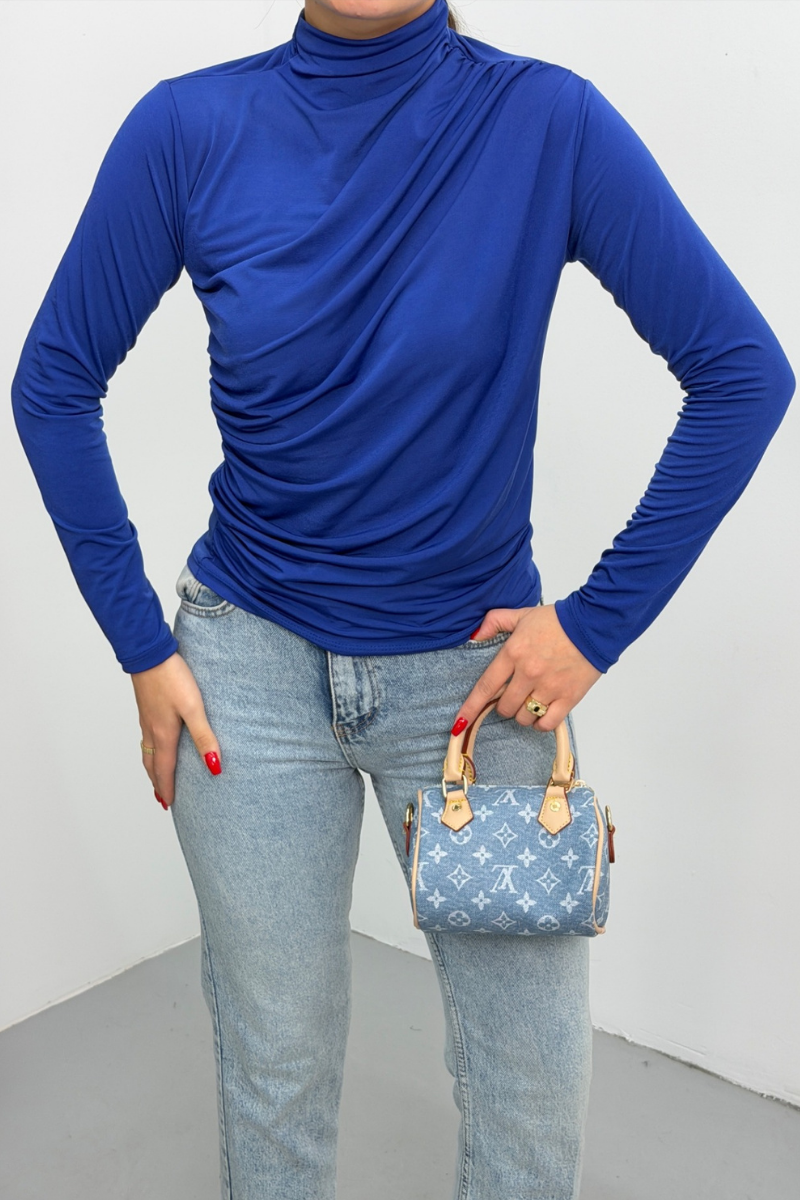 Kadın Bluz Drapeli Uzun Kollu Sandy Kumaş Yüksek Yakalı Likralı Bluz