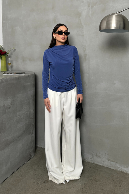 Kadın Bluz Drapeli Uzun Kollu Sandy Kumaş