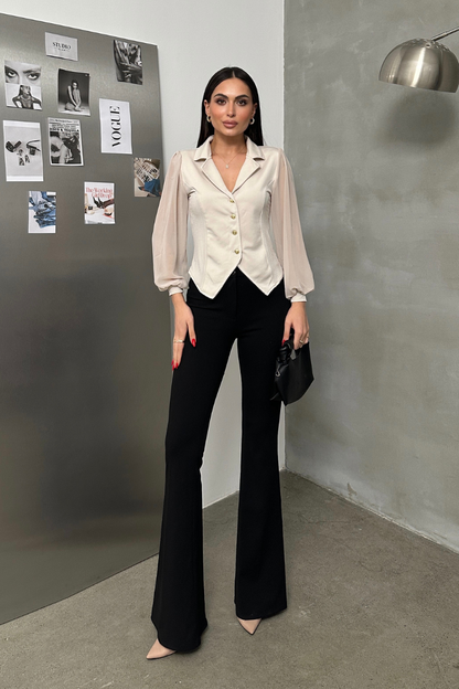 Kadın Gömlek Düğmeli Uzun Tül Kollu Ceket Yaka Bele Oturan Gömlek