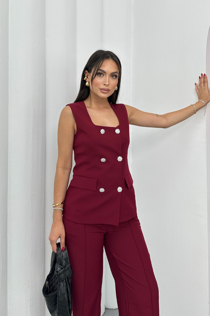 Kadın İkili Alt Üst Takım Şık Düğme Detaylı Kare Yaka Yelek Pantolon Takım