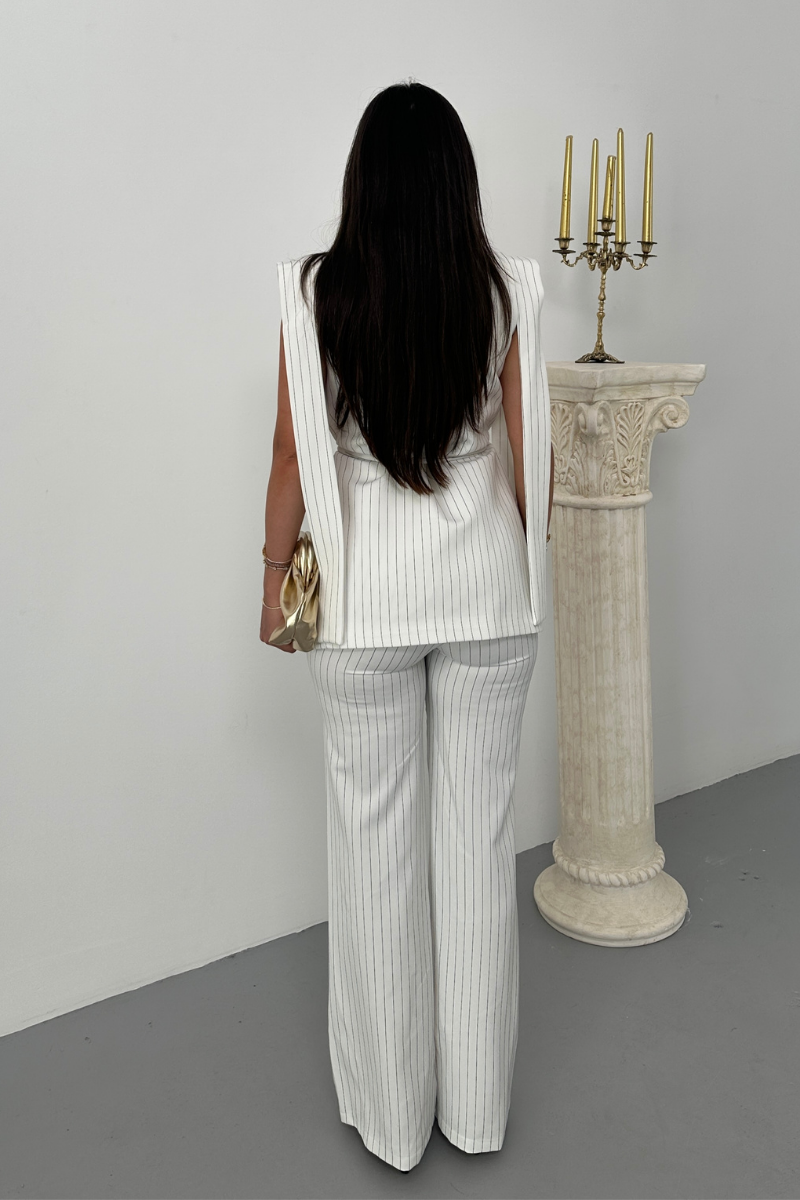 Kadın Alt Üst İkili Takım Çizgili Omuz Detaylı Kuşaklı Yelek Pantolon Takım