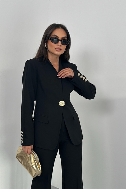 Kadın İkili Takım Şık Düğme Detaylı Dik Yaka Blazer Ceket Bol Paça Pantolon Takım