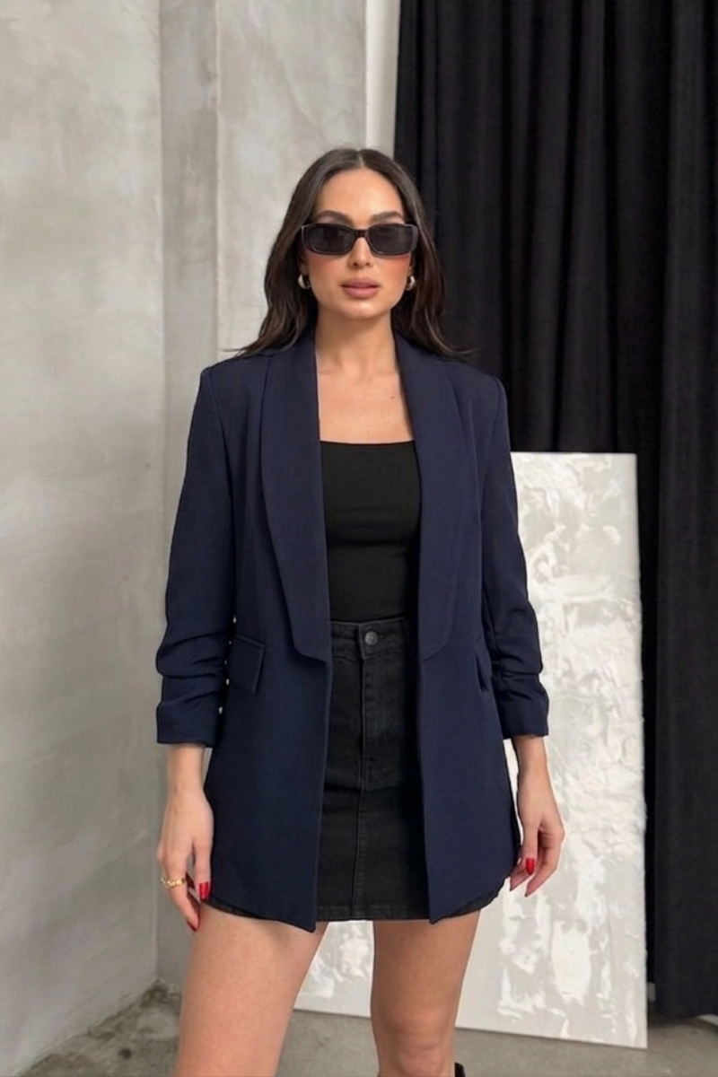 Kadın Blazer Ceket Şal Yaka Kolu Büzgülü Uzun Kollu Cep Görünümlü Regular Kalıp Astarlı Ceket
