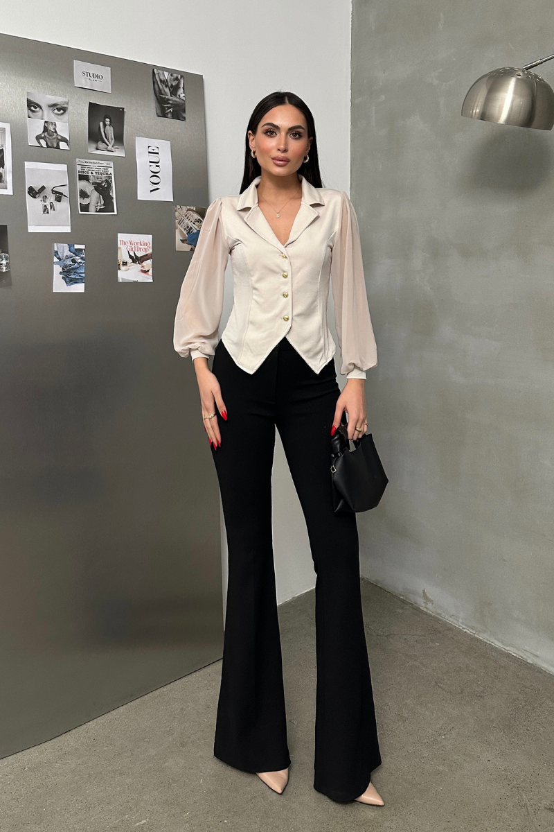 Kadın Gömlek Düğmeli Uzun Tül Kollu Ceket Yaka Bele Oturan Gömlek