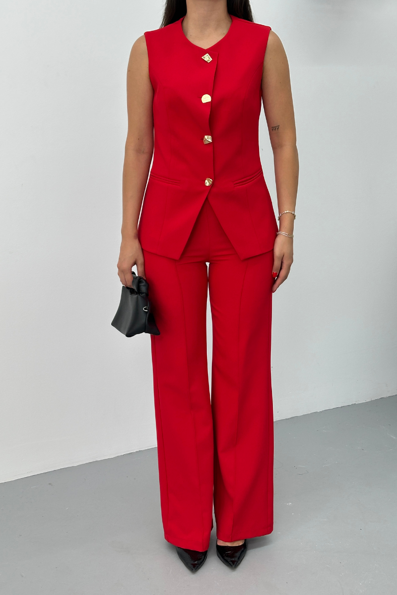 Kadın İkili Alt Üst Takım Şık Düğme Detaylı Bisiklet Yaka Regular Yelek Pantolon Takım