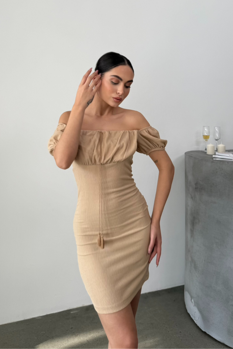 Kadın Elbise Mini Yazlık Kısa Kollu Yaka Detaylı Esnek Bodycon Elbise