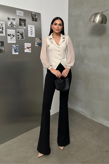 Kadın Gömlek Düğmeli Uzun Tül Kollu Ceket Yaka Bele Oturan Gömlek