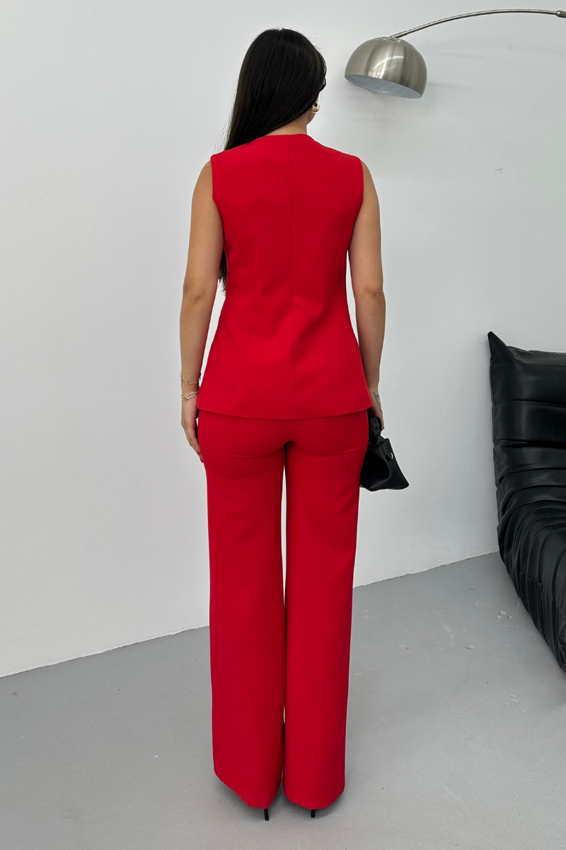 Kadın İkili Alt Üst Takım Şık Düğme Detaylı Bisiklet Yaka Regular Yelek Pantolon Takım