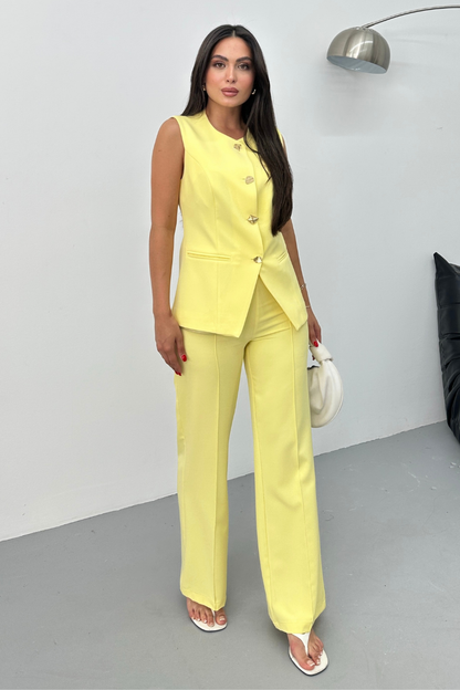 Kadın İkili Alt Üst Takım Şık Düğme Detaylı Bisiklet Yaka Regular Yelek Pantolon Takım