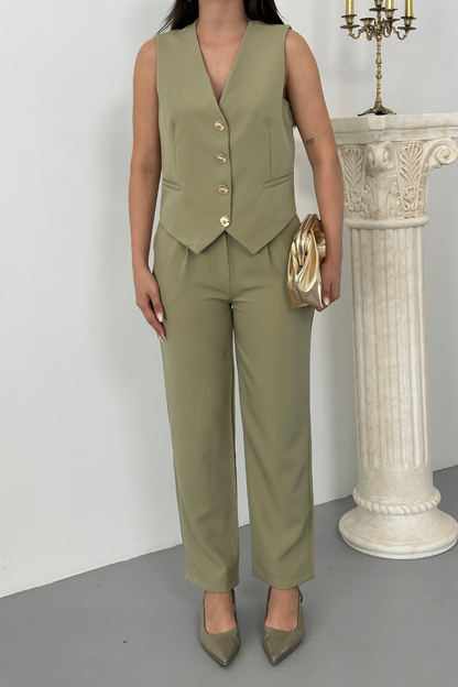 Kadın Alt Üst Takım Şık Gold Düğme Detaylı V Yaka Yelek Pantolon Takım