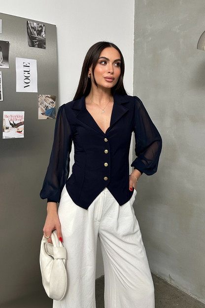 Kadın Gömlek Düğmeli Uzun Tül Kollu Ceket Yaka Bele Oturan Gömlek