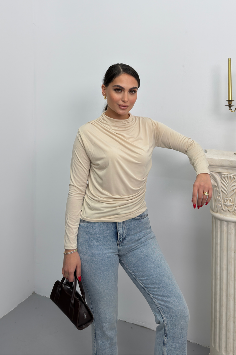 Kadın Bluz Drapeli Uzun Kollu Sandy Kumaş Yüksek Yakalı Likralı Bluz