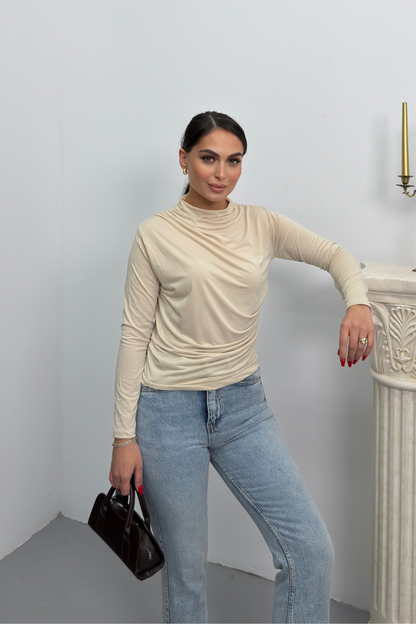 Kadın Bluz Drapeli Uzun Kollu Sandy Kumaş Yüksek Yakalı Likralı Bluz