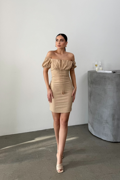 Kadın Elbise Mini Yazlık Kısa Kollu Yaka Detaylı Esnek Bodycon Elbise