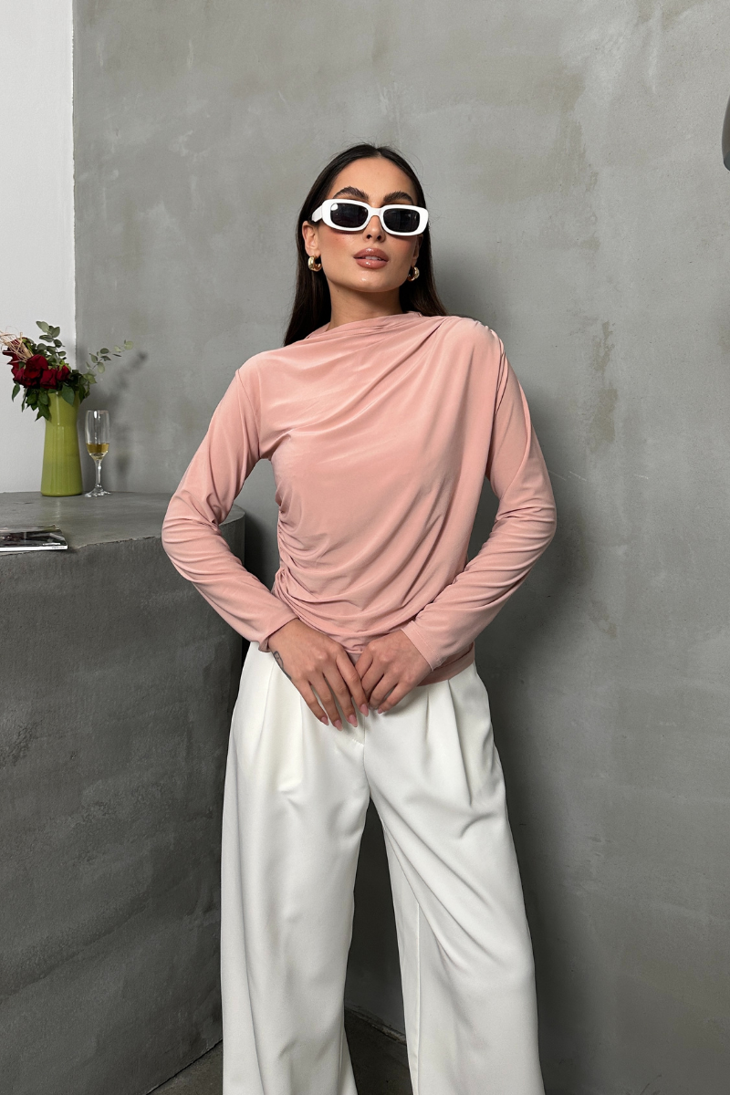 Kadın Bluz Drapeli Uzun Kollu Sandy Kumaş