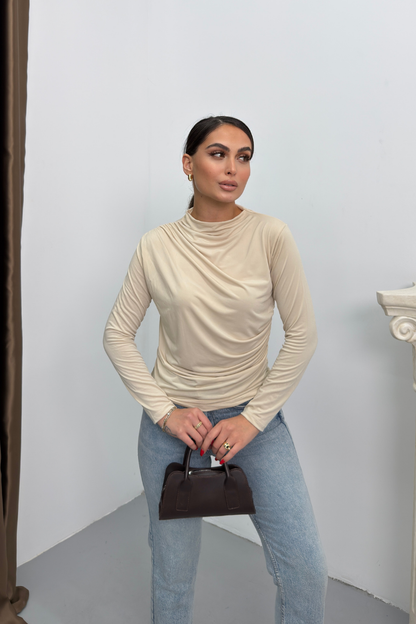 Kadın Bluz Drapeli Uzun Kollu Sandy Kumaş Yüksek Yakalı Likralı Bluz