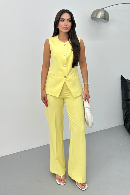 Kadın İkili Alt Üst Takım Şık Düğme Detaylı Bisiklet Yaka Regular Yelek Pantolon Takım