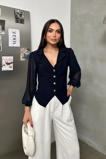 Kadın Gömlek Düğmeli Uzun Tül Kollu Ceket Yaka Bele Oturan Gömlek