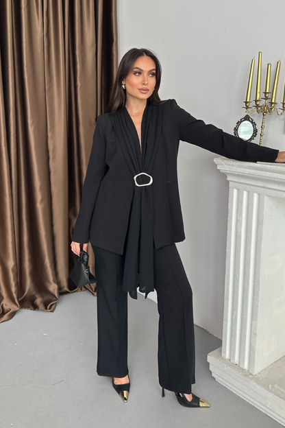 Kadın İkili Alt Üst Takım Şık Şal Yaka Tokalı Ceket Bol Paça Pantolon Takım