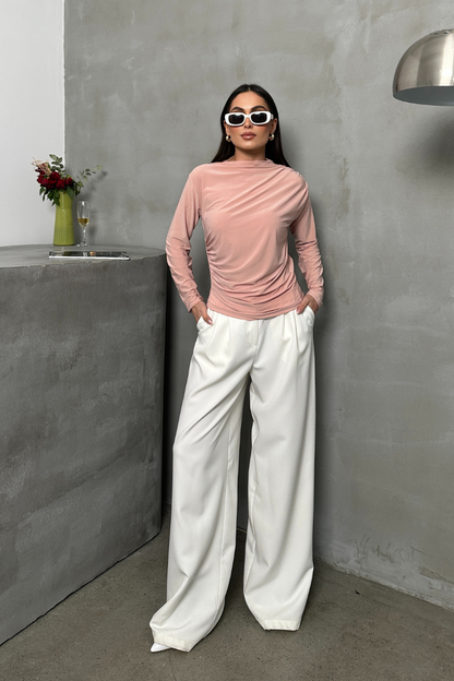 Kadın Bluz Drapeli Uzun Kollu Sandy Kumaş