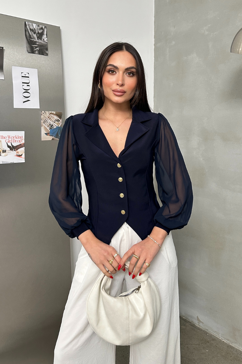 Kadın Gömlek Düğmeli Uzun Tül Kollu Ceket Yaka Bele Oturan Gömlek