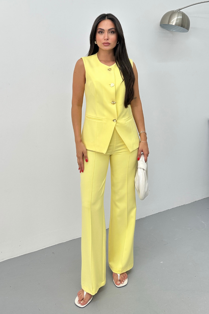 Kadın İkili Alt Üst Takım Şık Düğme Detaylı Bisiklet Yaka Regular Yelek Pantolon Takım