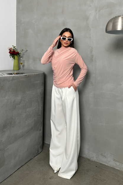 Kadın Bluz Drapeli Uzun Kollu Sandy Kumaş