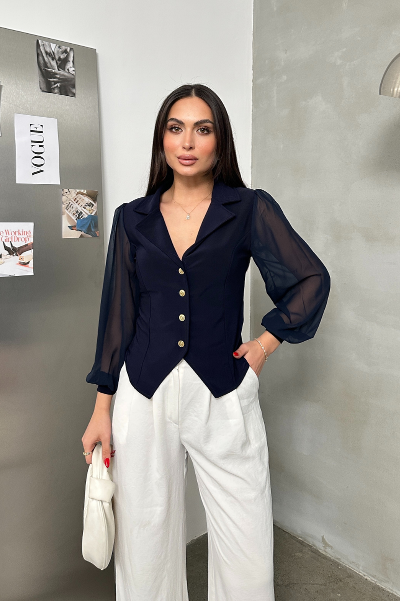 Kadın Gömlek Düğmeli Uzun Tül Kollu Ceket Yaka Bele Oturan Gömlek