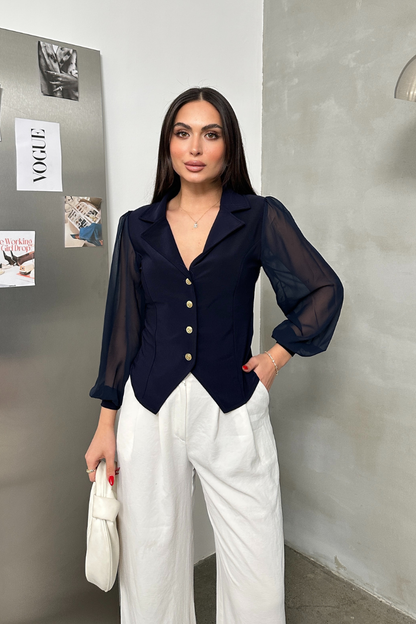 Kadın Gömlek Düğmeli Uzun Tül Kollu Ceket Yaka Bele Oturan Gömlek