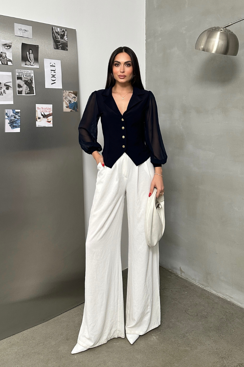 Kadın Gömlek Düğmeli Uzun Tül Kollu Ceket Yaka Bele Oturan Gömlek