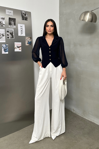 Kadın Gömlek Düğmeli Uzun Tül Kollu Ceket Yaka Bele Oturan Gömlek