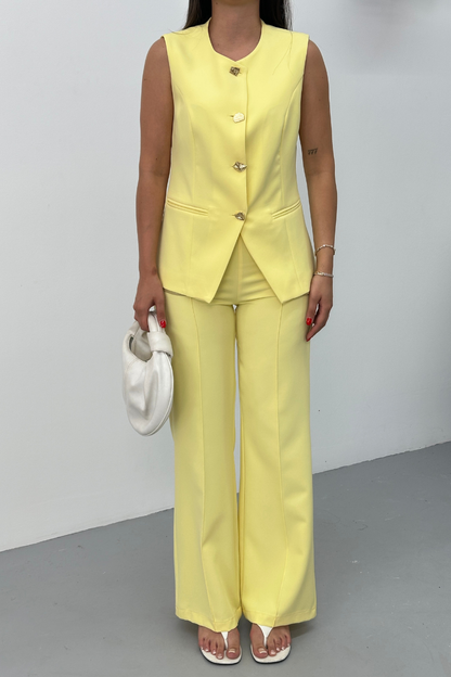 Kadın İkili Alt Üst Takım Şık Düğme Detaylı Bisiklet Yaka Regular Yelek Pantolon Takım