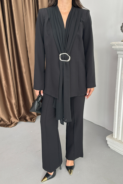 Kadın İkili Alt Üst Takım Şık Şal Yaka Tokalı Ceket Bol Paça Pantolon Takım